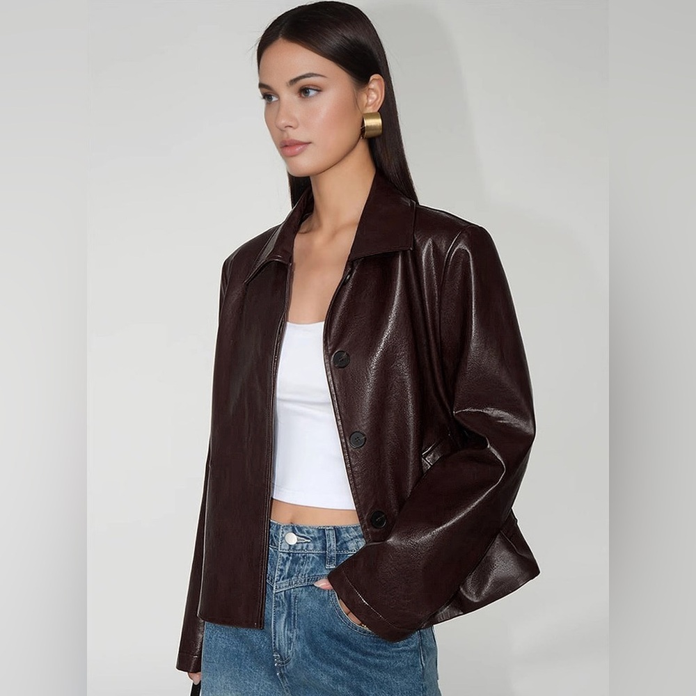 Commense Faux Leather Zipper Short Polo Jacket - Picture 1 of 15